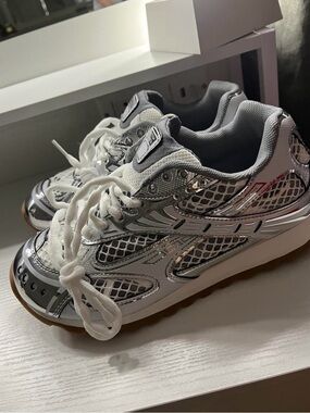 Bottega Veneta Silver Metallic and White Mesh Sneakers